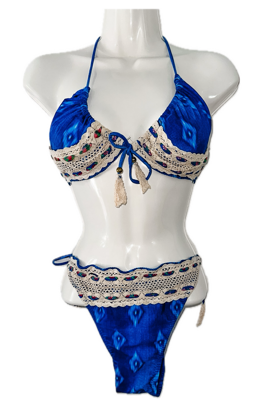 Swim Days Beachwear - Royal Blue Printed Bikini with Beige Lace and Ribbon Insert