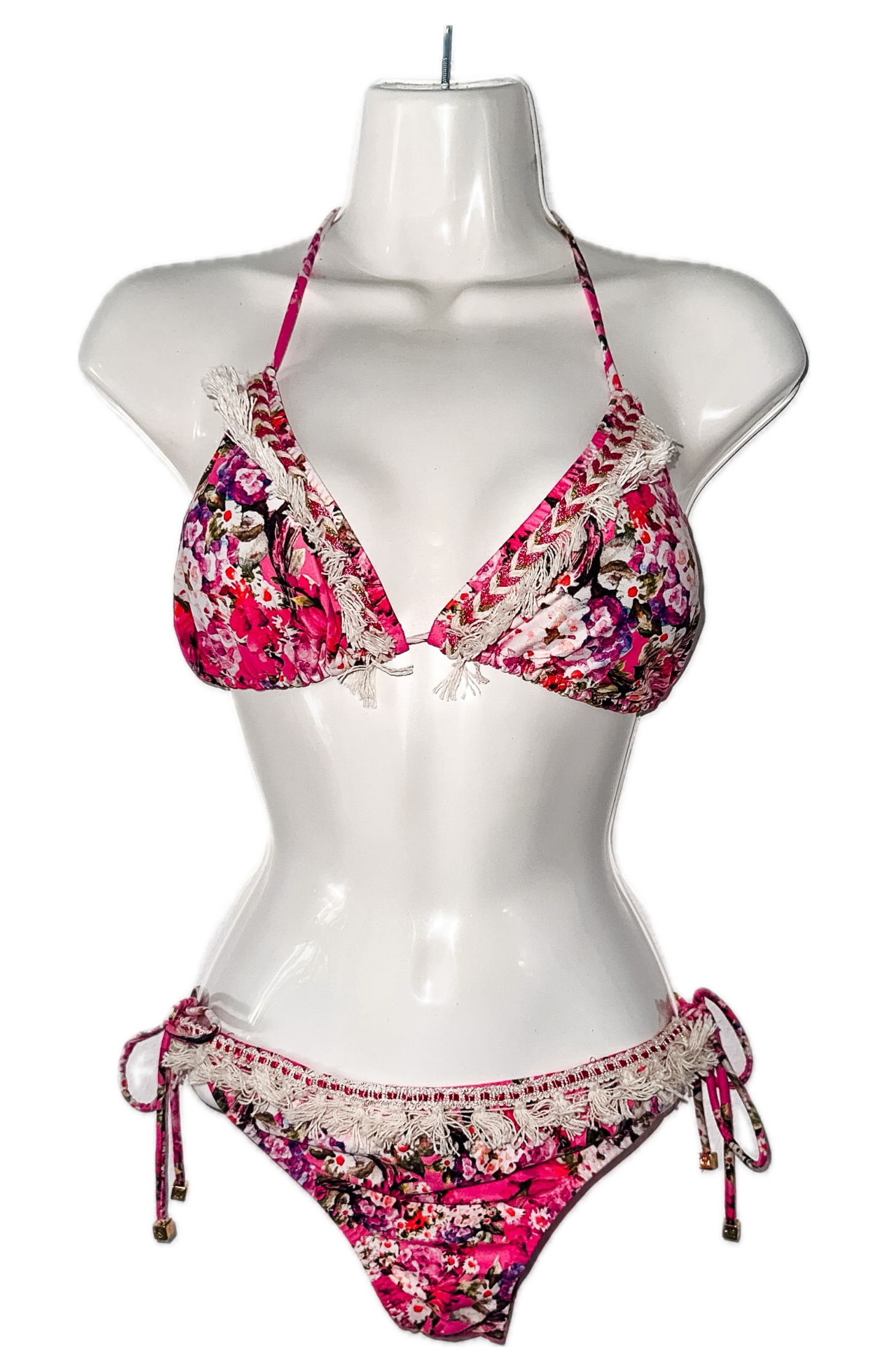 Swim Days Beachwear - Pink Floral Bikini with Intricate Fringe