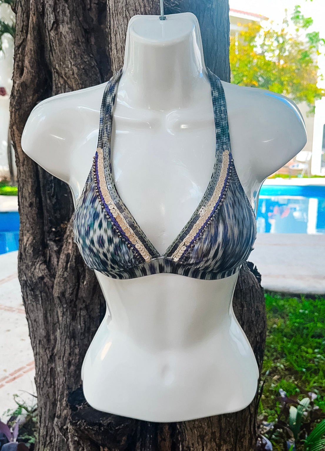 Swim Days Beachwear - Stripe Multi-print Bikini Top with Sequins