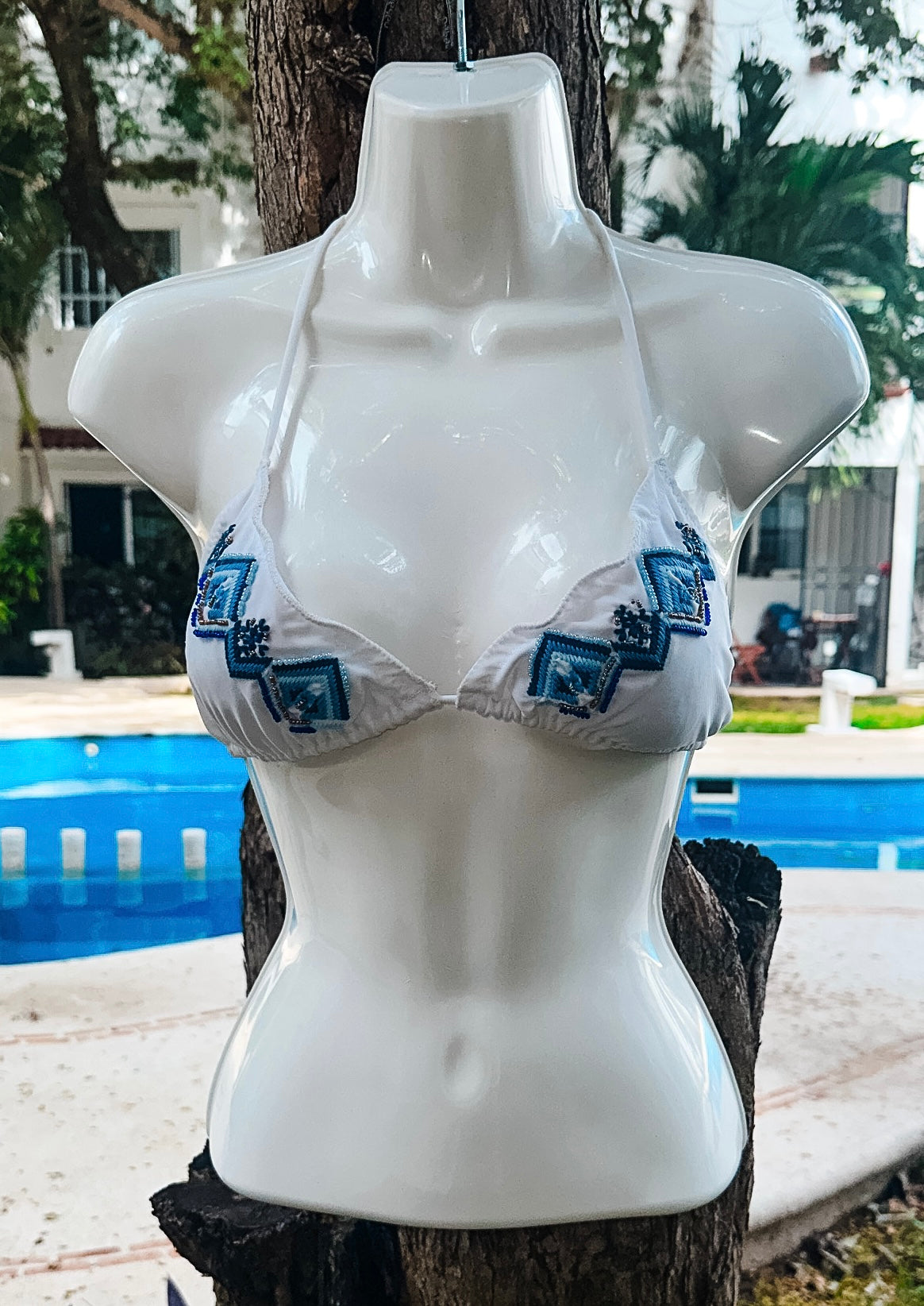 Swim Days Beachwear - White Halter Bikini Top with Emblem and Beads