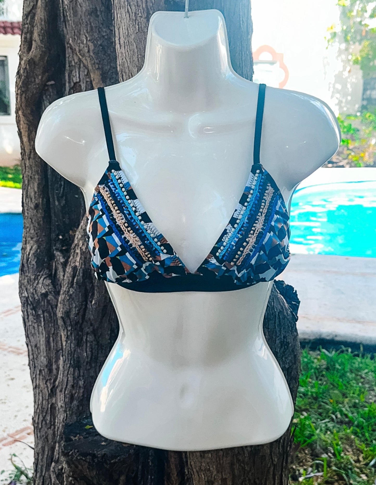 Swim Days Beachwear - Multi-Color Print Bikini Top with Embroidery and Beading