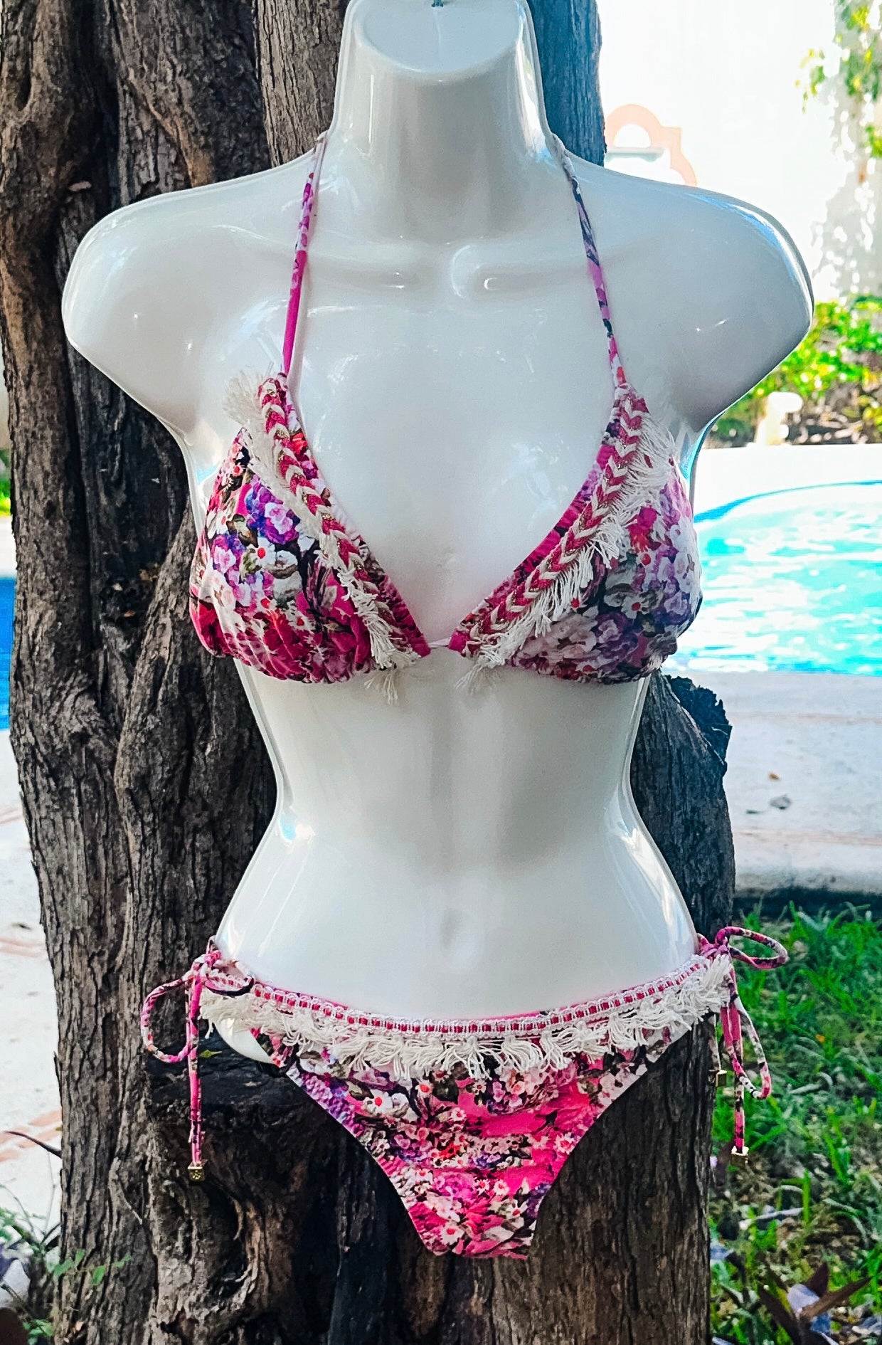 Swim Days Beachwear - Pink Floral Bikini with Intricate Fringe