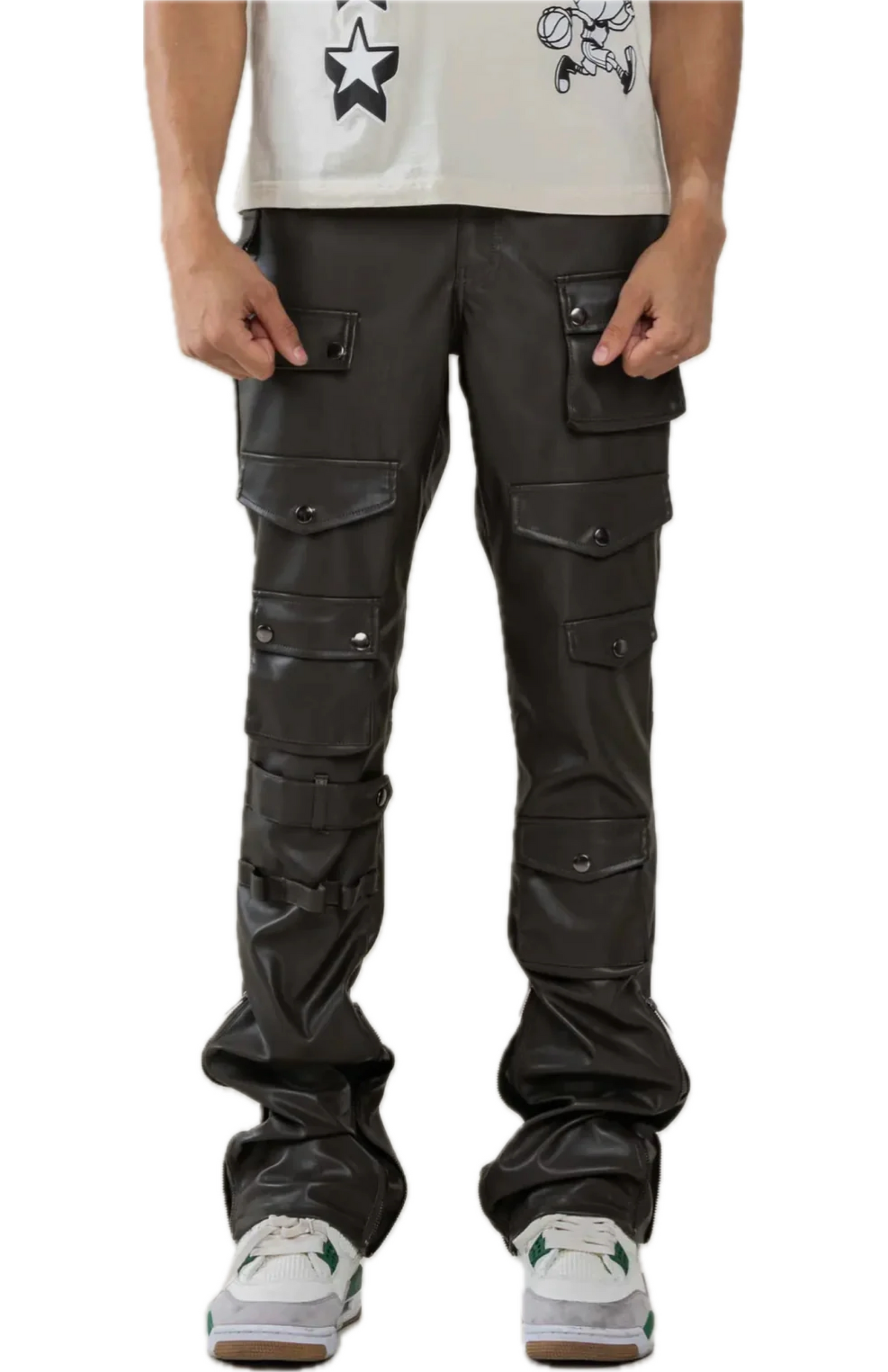 Premium Leather Multi Cargo Stacked Pants