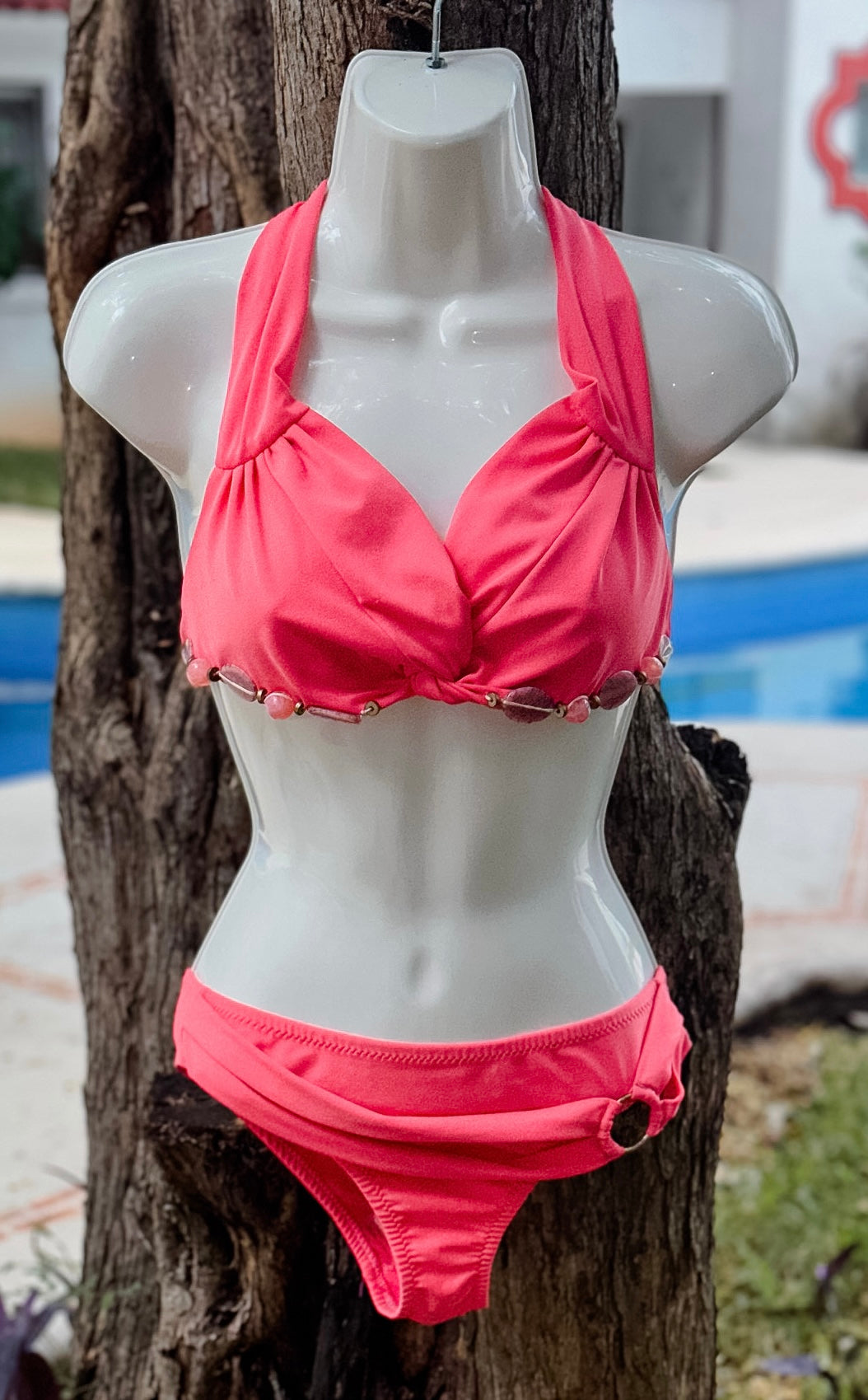 Swim Days Beachwear - Coral Bandeau Bikini Embellished with Stones