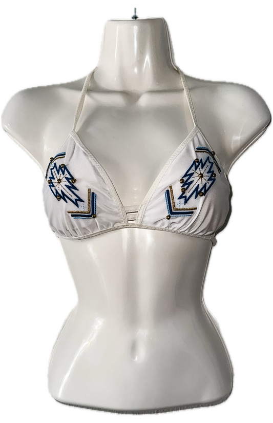 Swim Days Beachwear - White Bikini Top with Emblem and Beads