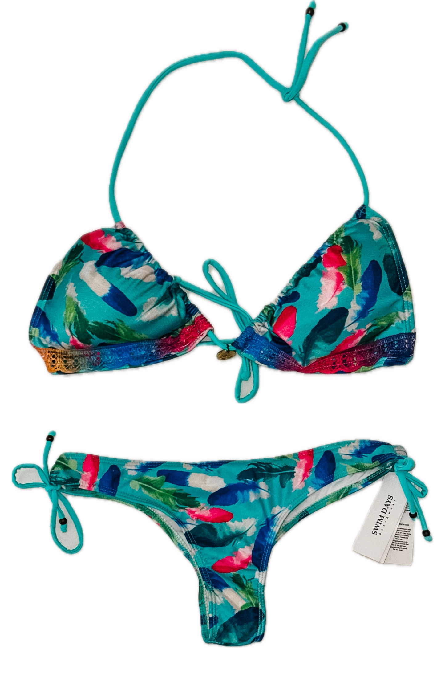 Swim Days Beachwear - Turquoise Feather Print Bikini with Lace Edging