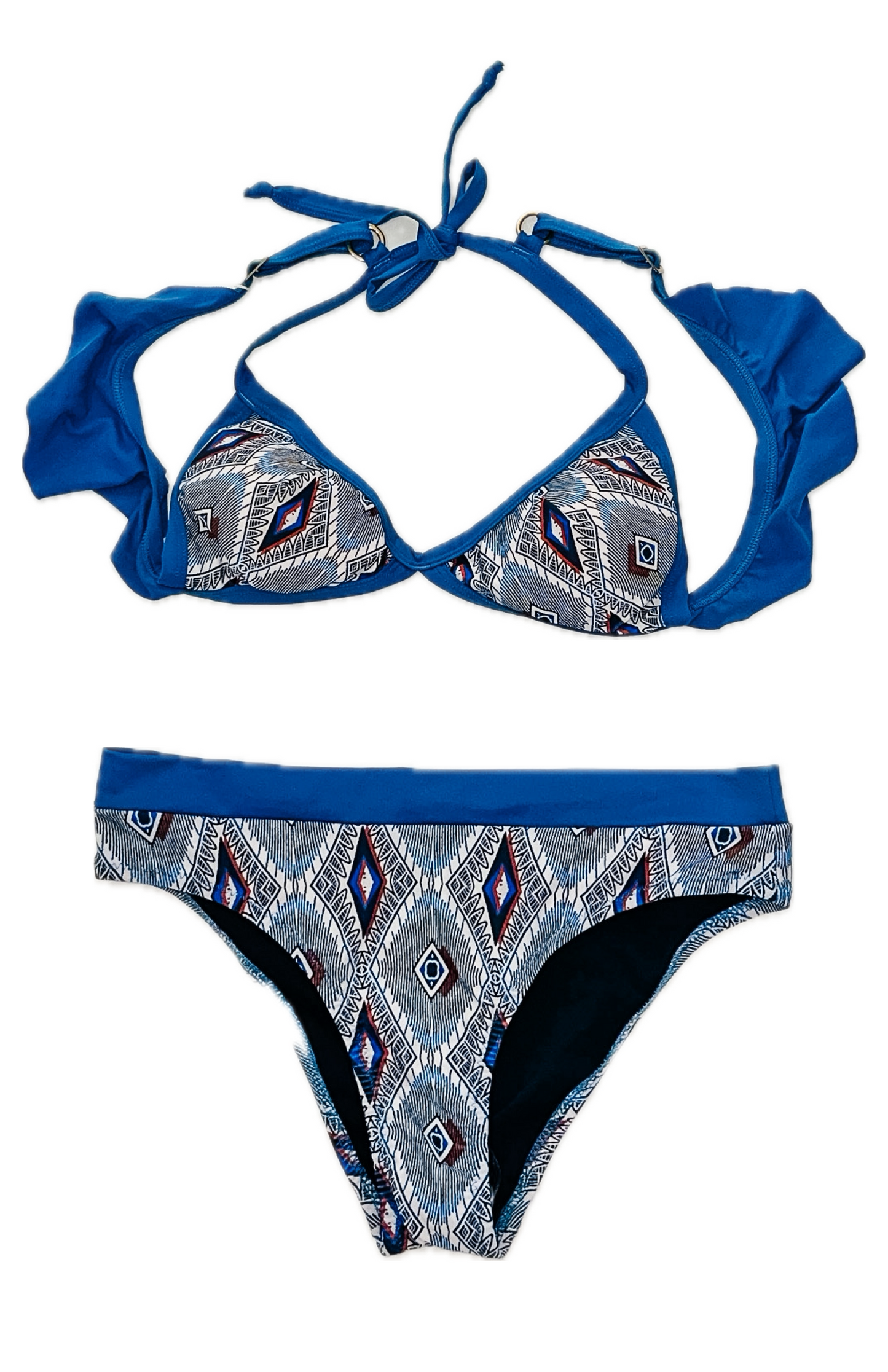 Swim Days Beachwear - Dusty Blue Print Bikini with Intricate Fringe