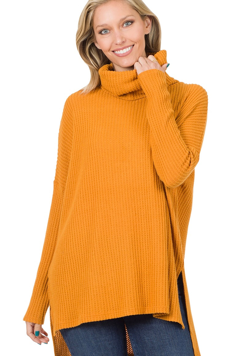 Brushed Thermal Waffle Cowl Neck Hi-low Sweater