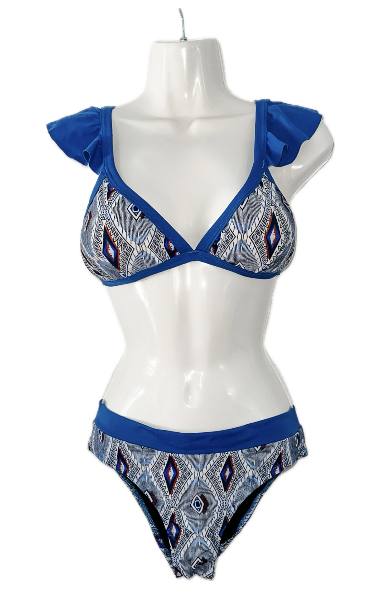 Swim Days Beachwear - Dusty Blue Print Bikini with Intricate Fringe