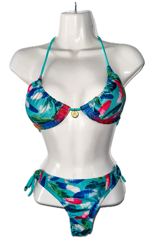 Swim Days Beachwear - Turquoise Feather Print Bikini with Lace Edging