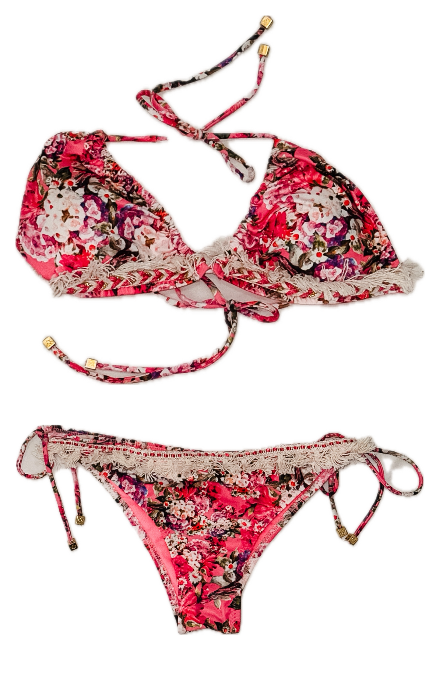 Swim Days Beachwear - Pink Floral Bikini with Intricate Fringe