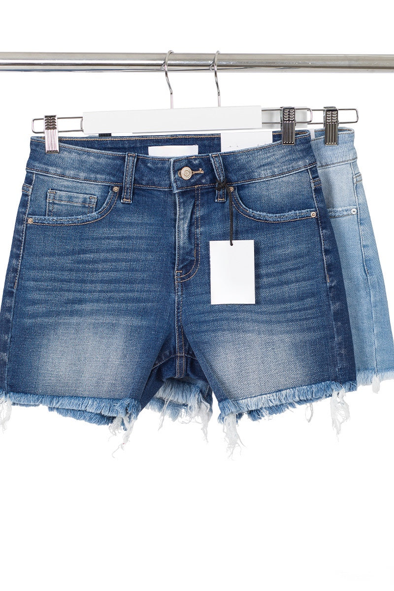 Raw Frayed Hem Denim Shorts - Medium Wash