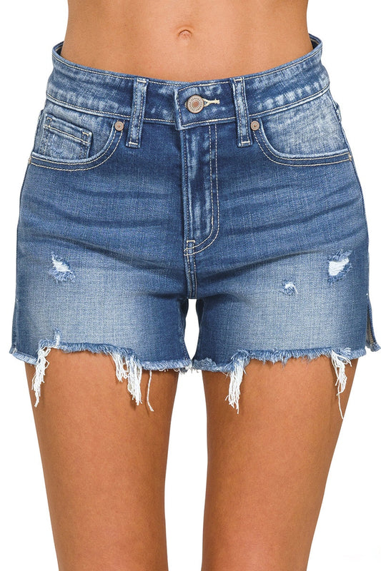 Raw Frayed Hem Ripped Denim Shorts with Side Slit - Light Wash