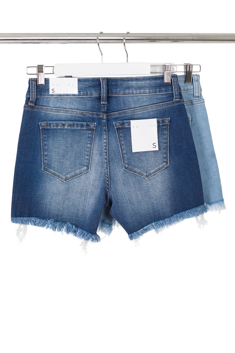 Raw Frayed Hem Denim Shorts - Medium Wash