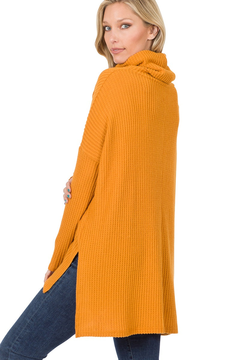 Brushed Thermal Waffle Cowl Neck Hi-low Sweater