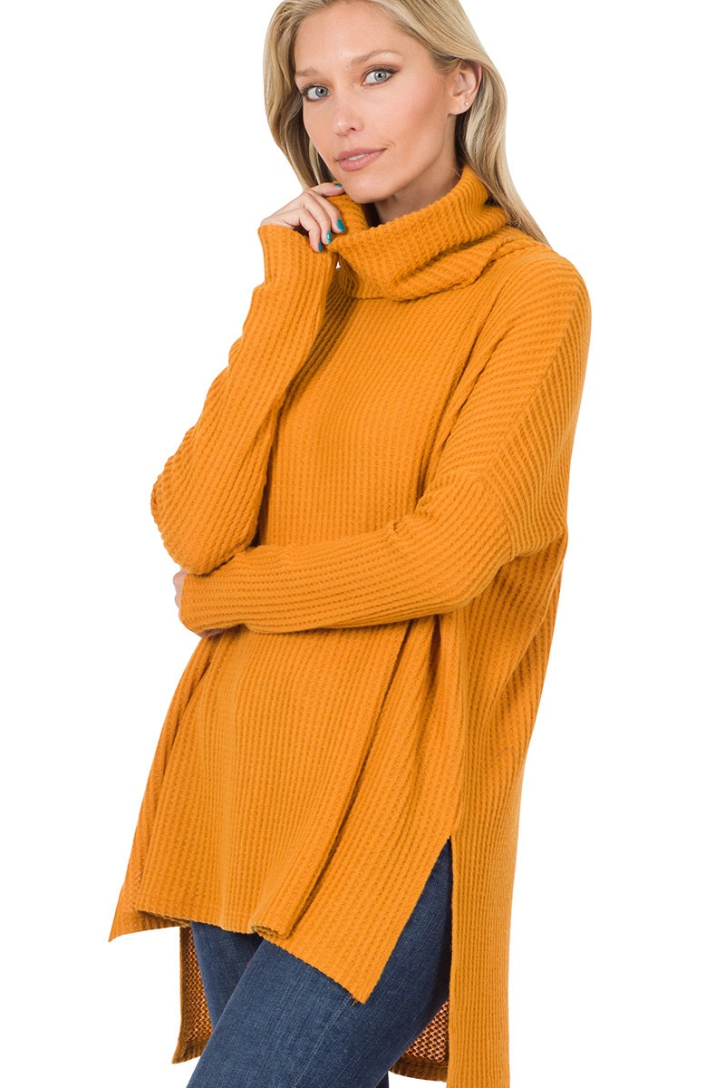 Brushed Thermal Waffle Cowl Neck Hi-low Sweater