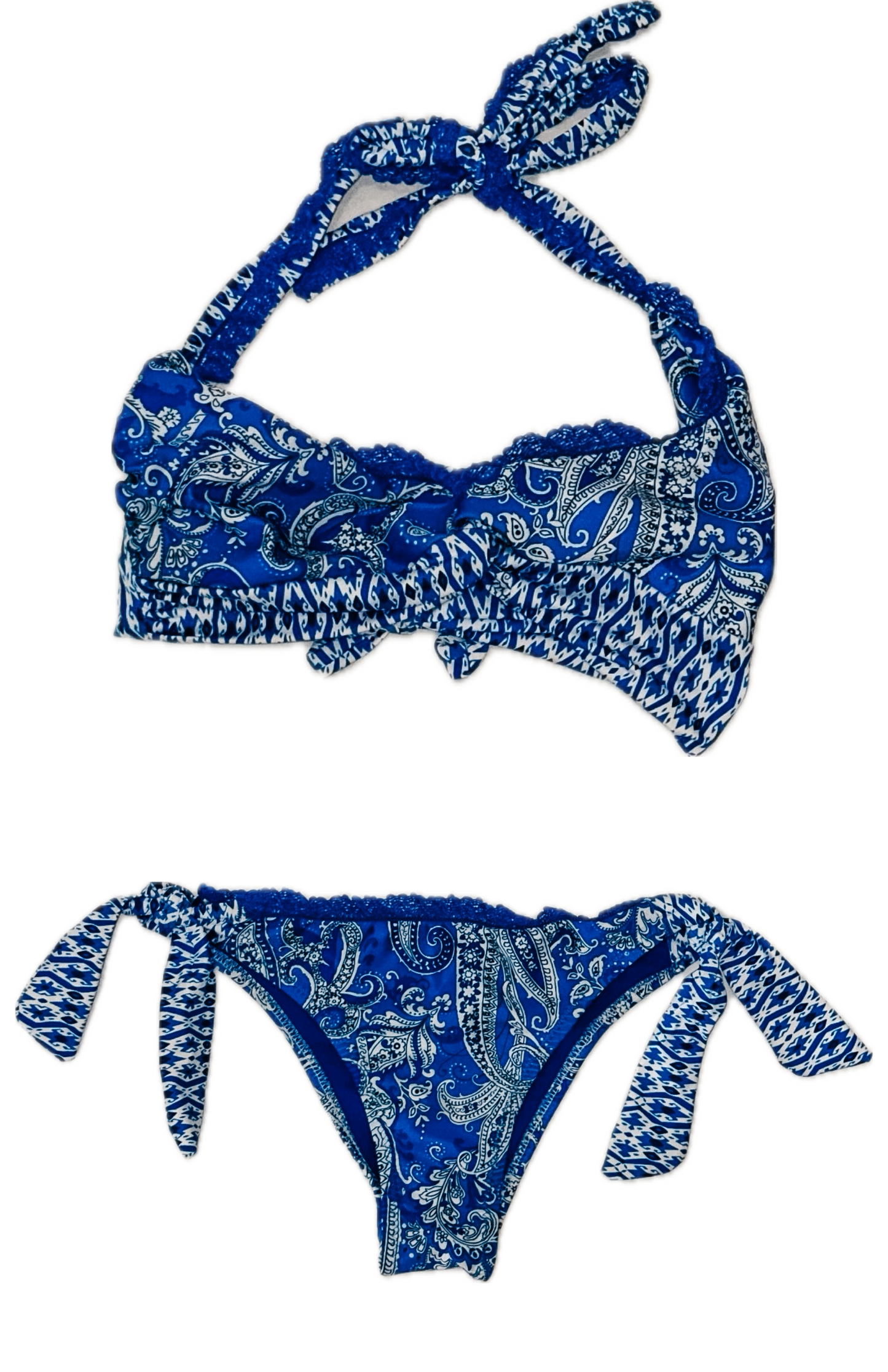 Swim Days Beachwear - Blue and White Paisley Halter Bikini with Lace Detail