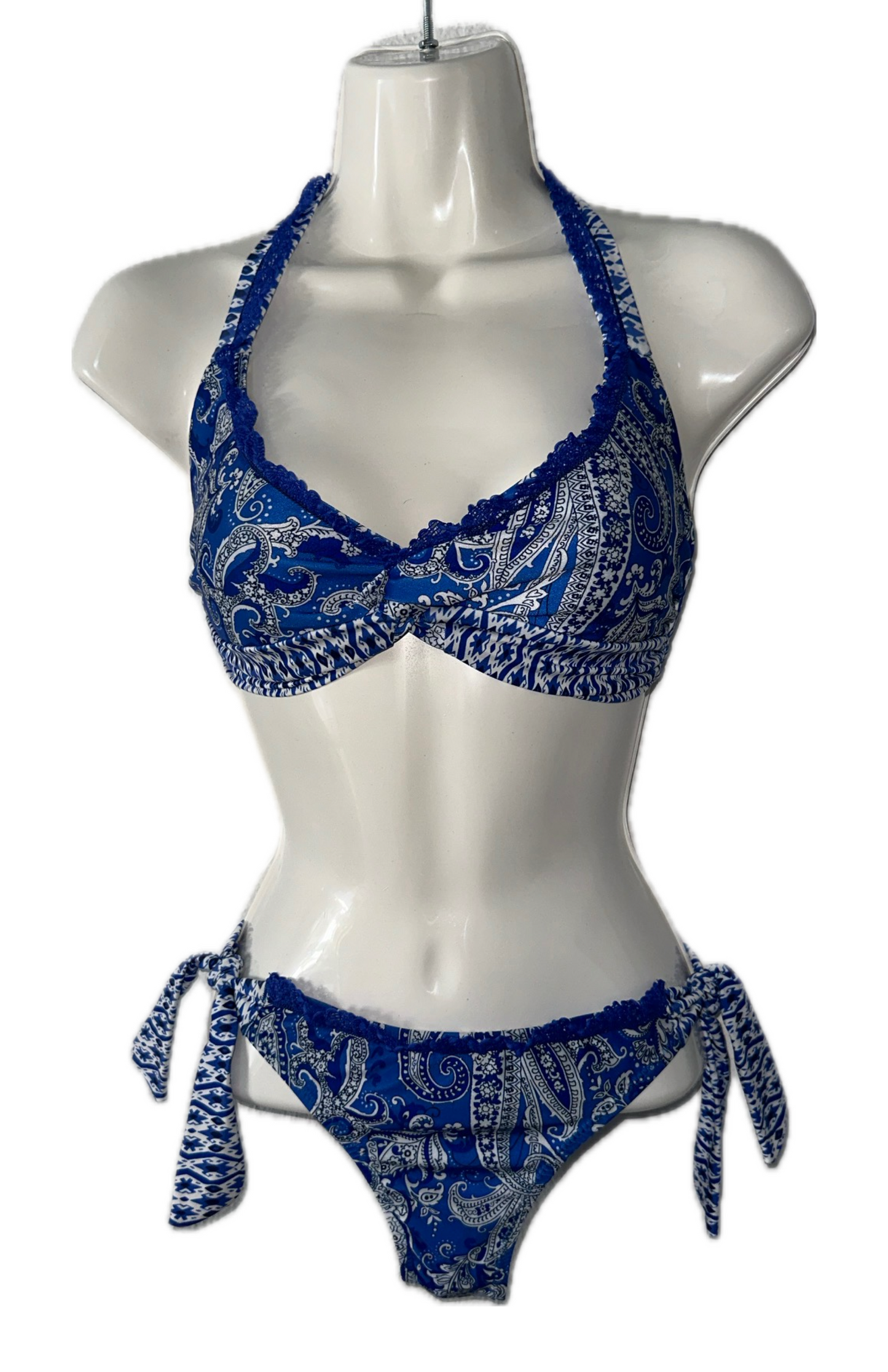 Swim Days Beachwear - Blue and White Paisley Halter Bikini with Lace Detail