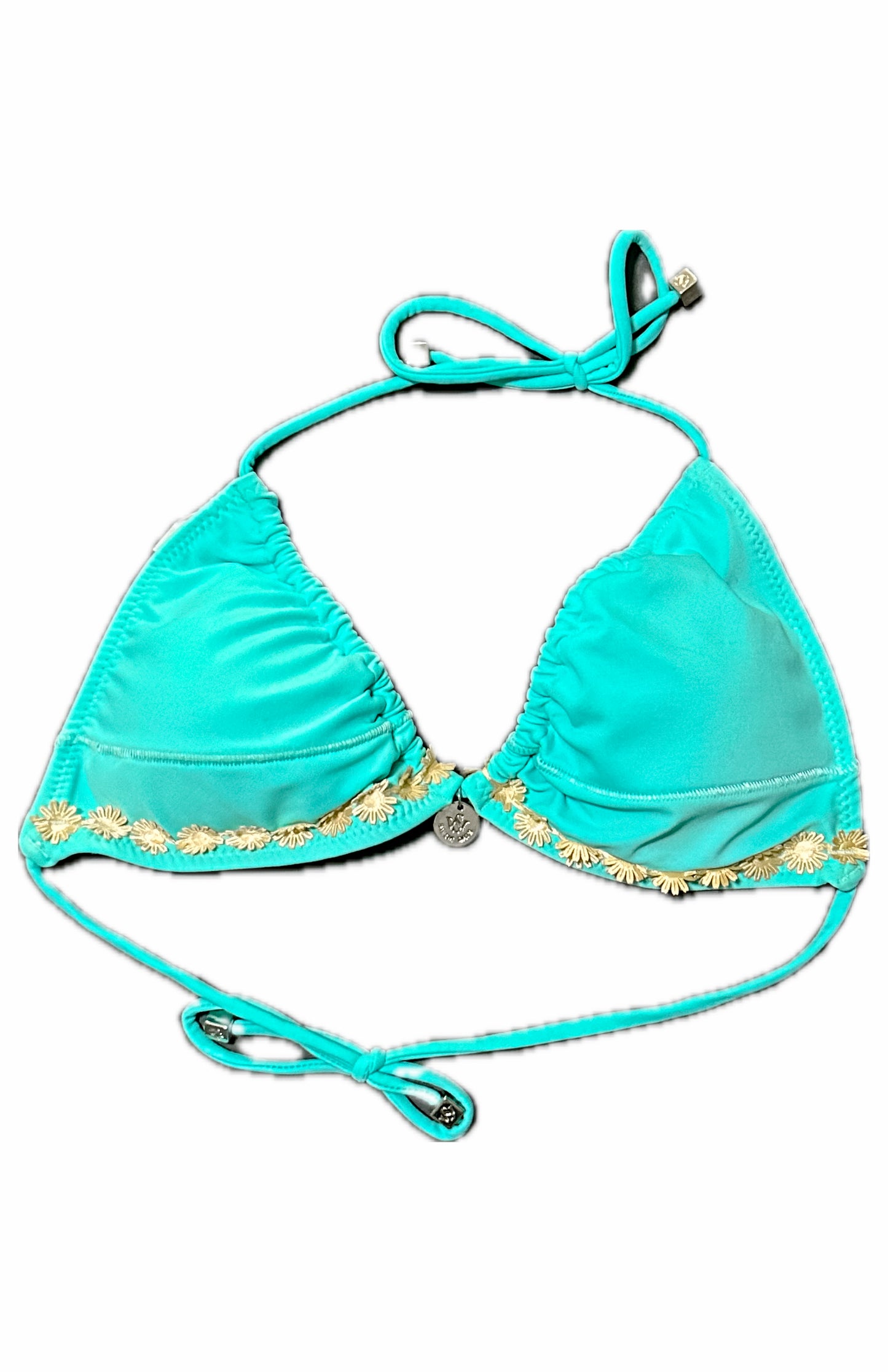 Swim Days Beachwear - Turquoise Bikini Top with Floral Embellishments