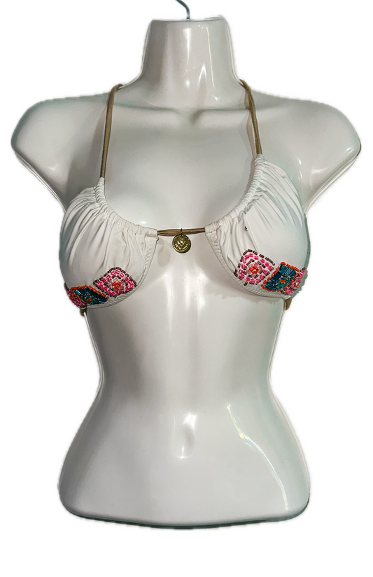 Swim Days Beachwear - White String Bikini Top with Intricate Beading