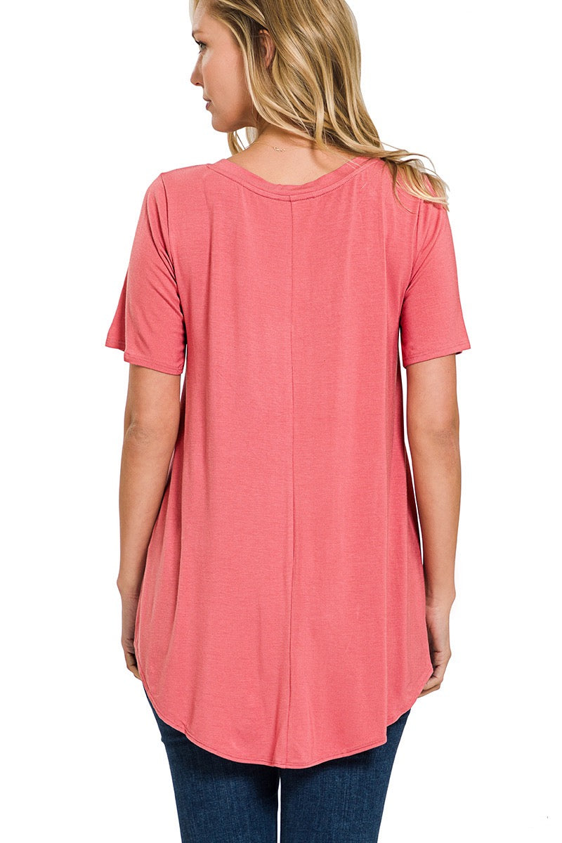 Luxe Rayon Short Sleeve V-neck Hi-Low Hem Top