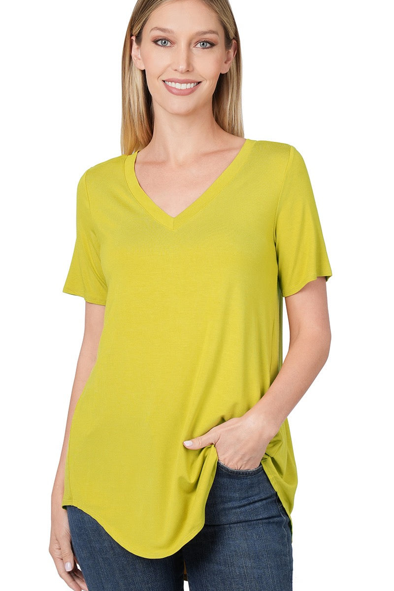 Luxe Rayon Short Sleeve V-neck Hi-Low Hem Top