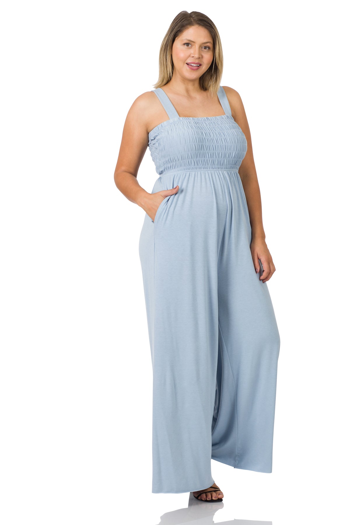 Plus Size Smocked Top Jumpsuit with Pockets