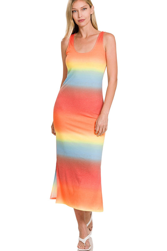 Multi-Color Gradient Print Scoop Neck Sleeveless Midi Dress with Side Slits