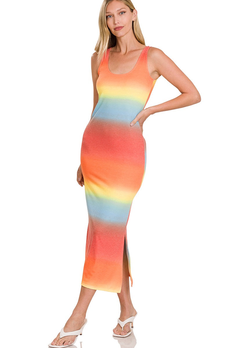 Multi-Color Gradient Print Scoop Neck Sleeveless Midi Dress with Side Slits