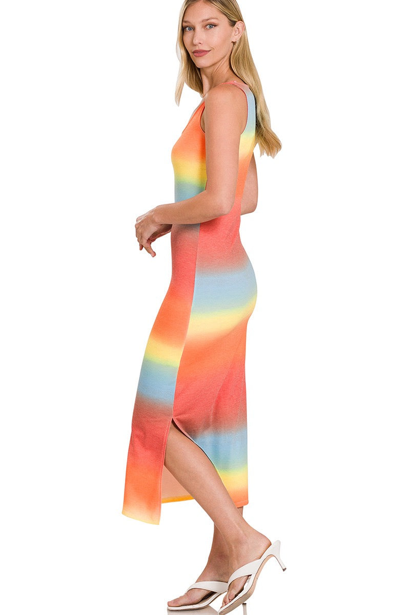 Multi-Color Gradient Print Scoop Neck Sleeveless Midi Dress with Side Slits