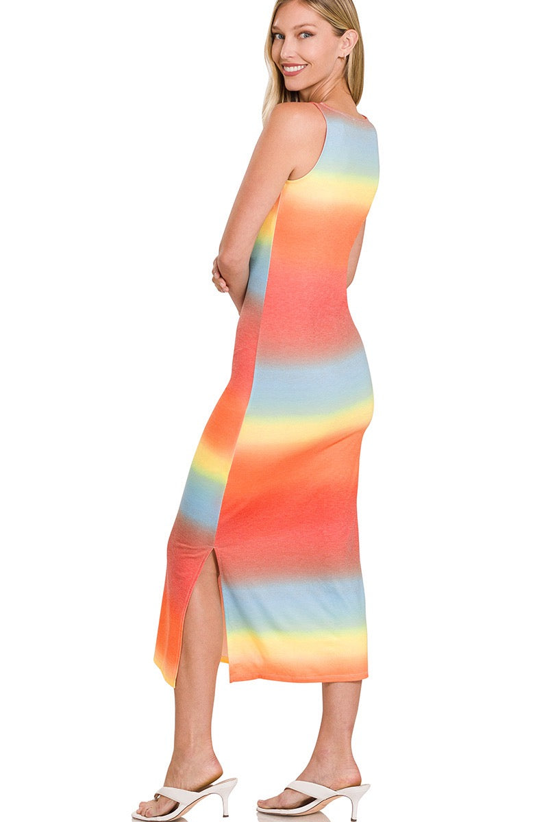 Multi-Color Gradient Print Scoop Neck Sleeveless Midi Dress with Side Slits