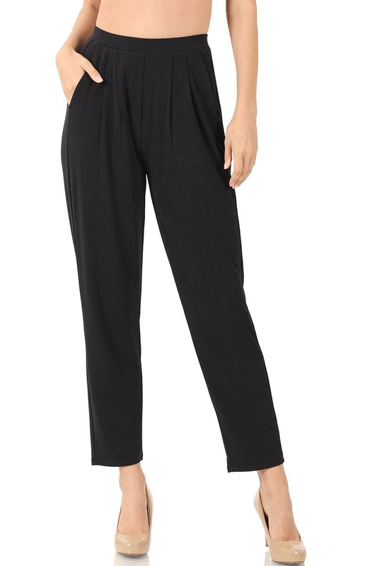 7/8 Length ITY Fabric Pants with a Pleated Waist and Side Pockets