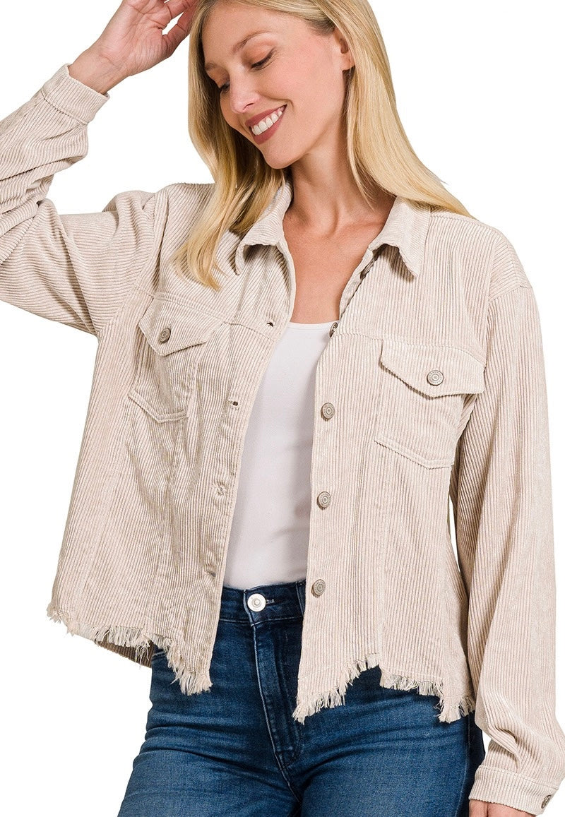 Trendy Distressed Corduroy Frayed Hem Cropped Jacket