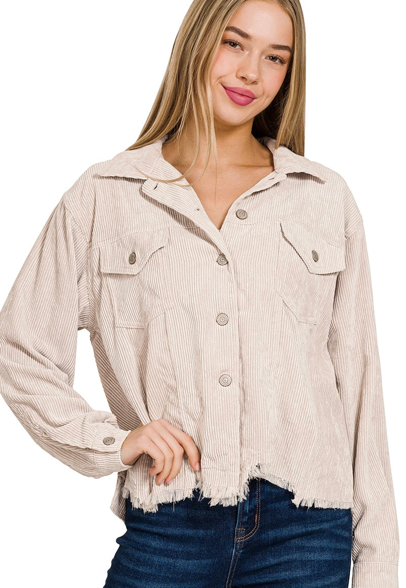 Trendy Distressed Corduroy Frayed Hem Cropped Jacket