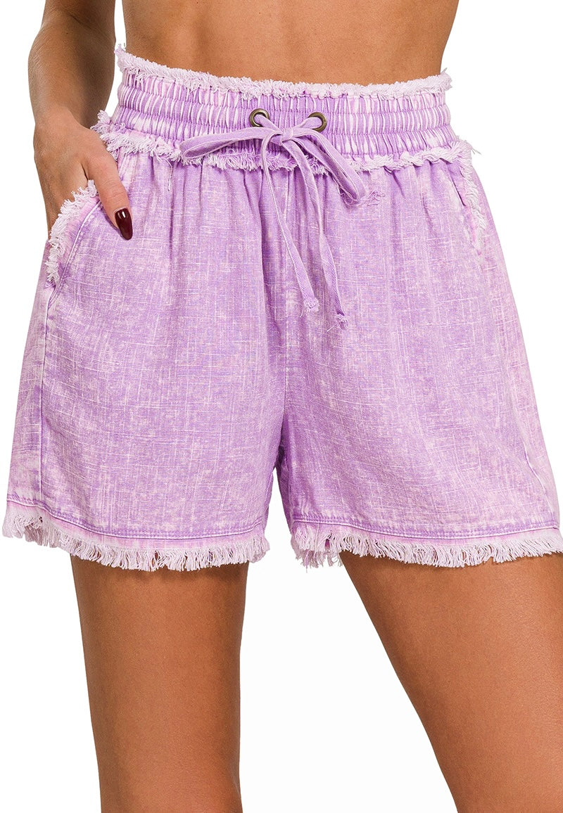 Women's Washed Linen Frayed Hem Shorts