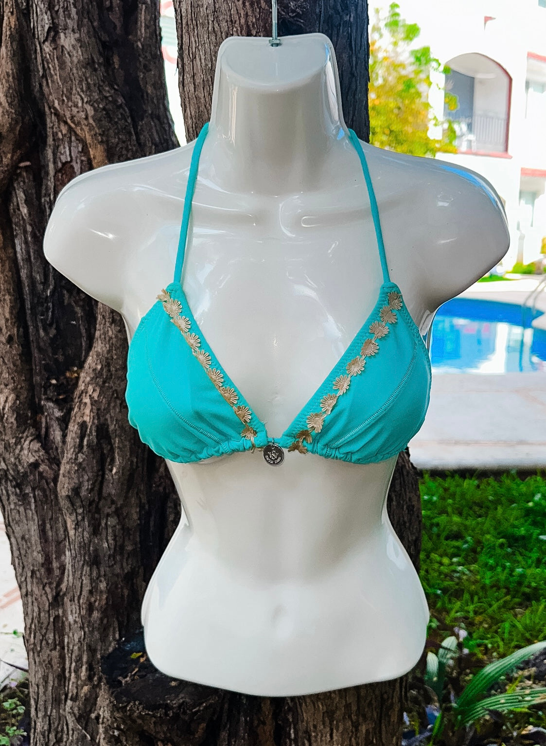 Swim Days Beachwear - Turquoise Bikini Top with Floral Embellishments